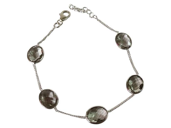 Green Amethyst bracelet in 925 silver, Oval, with lobster clasp and extension chain end, 19 + 2.4cm
