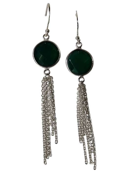 Pair of Green Chalcedony round cut dangle earrings, set in 925 silver, 7.3cm