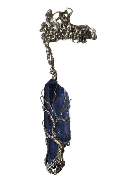 Indigo blue Aura quartz with tree-of-life wire wrapped necklace, rough, 50-60mm, 45cm chain exten...