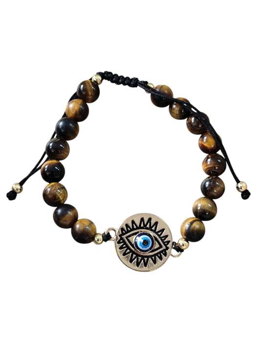 Tiger eye evil eye bracelet, Adjustable, 8mm beads