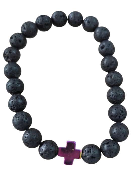 Lava bracelet with a multi-color hematite plus bead, stretch cord, 8mm beads