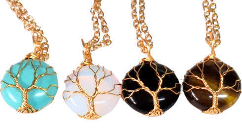 Gold wired tree of life assorted gemstone necklace, 2.1 x 3.2cm, 53.4cm length chain extension ch...