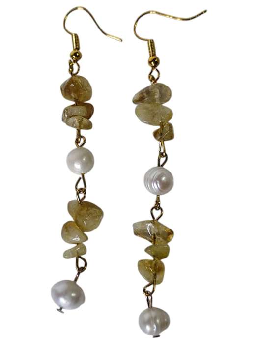 Citrine chips w pearl earrings, gold base, 75mm