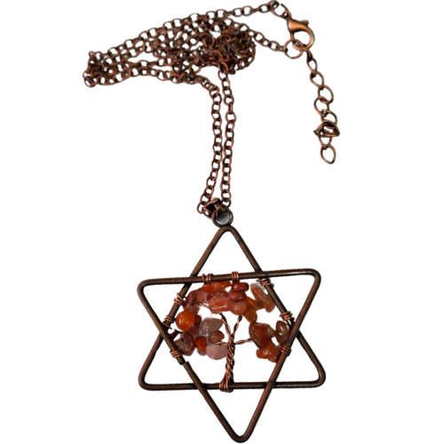 Star wire wrapped drop necklace, Orange Agate, Copper chain, 32cm