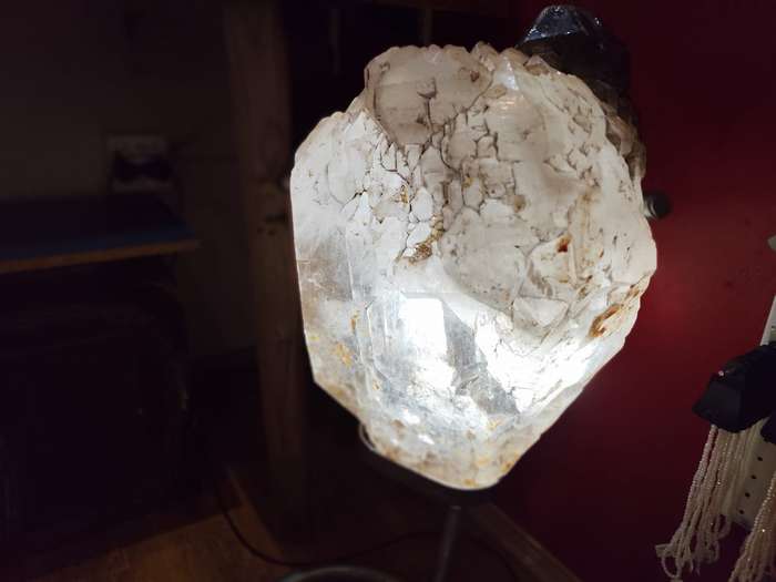Double Terminated, quartz with smoky quartz crystal on stand with light included