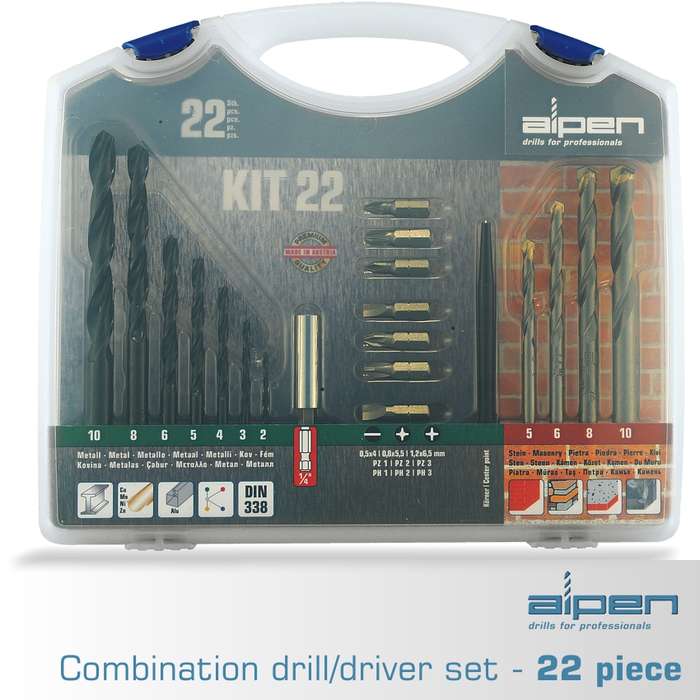 ALPEN - DRILL AND SCREWDRIVER BIT SET 22 PIECE IN CARRY CASE STEEL &  MASONRYALP KIT22