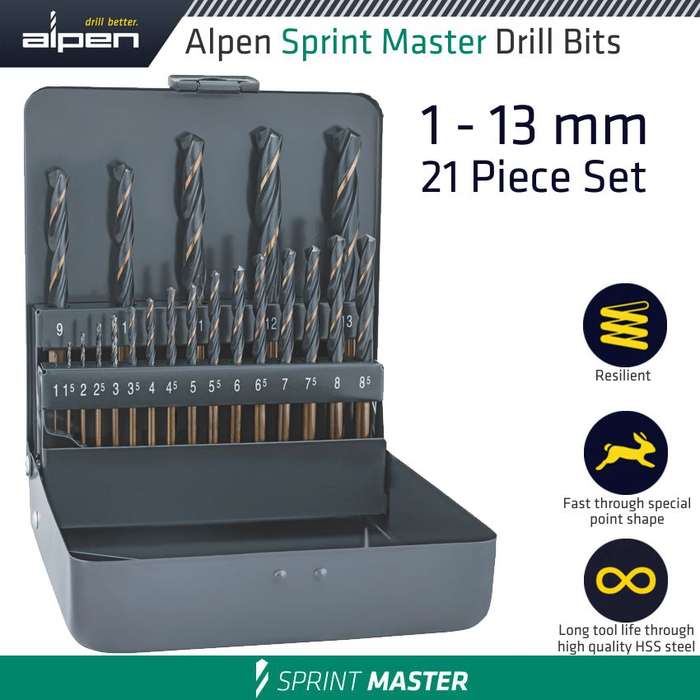 ALPEN -  SPRINT MASTER 21 PCE SET KM21 1 -8.5 X 0.5 9-13 X 1MM METAL BOXALP8104001
