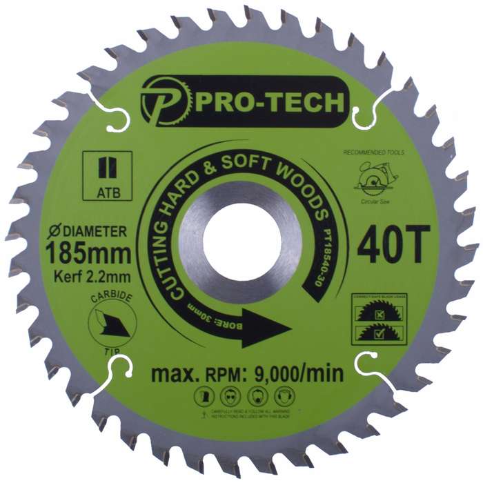 PRO-TECH- SAW BLADE TCT 185 X 2.2 X 30 X 40T WOOD PROF.PT18540-30