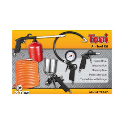 TONI - 5 Piece compressor Kit, Spray Gun,Cleaning Gun, Blow Gun, Tyre Gauge, Coil Hose- TAT-K5
