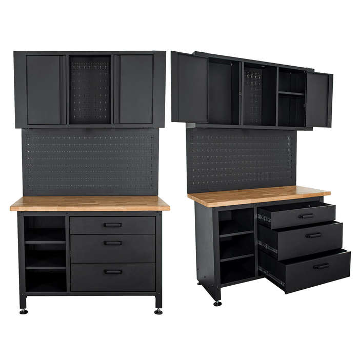 TORK CRAFT -METAL STORAGE UNIT 2000X1200MM CUPBOARD/PEG BOARD/WORK BENCH 3 DRAWERTC620100