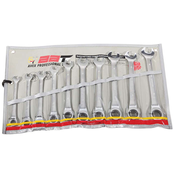 Avex Professional Tools - 10 Piece Ratcheting Combination Spanner Set 10 - 19mm - AT-07-043
