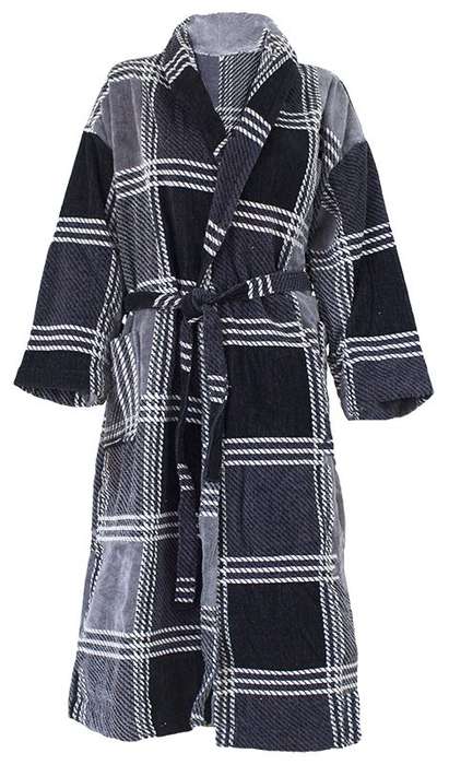 Bunty's Bathrobe - Velour - Shawl Collar - Checkered Grey/Black