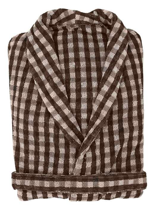 Bunty's Bathrobe - Terry - Shawl Collar - Checkered Brown