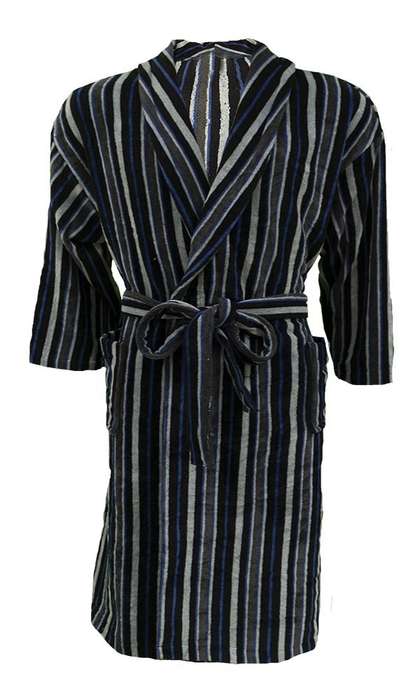 Bunty's Bathrobe - Velour - Shawl Collar - Stripes Black Blue