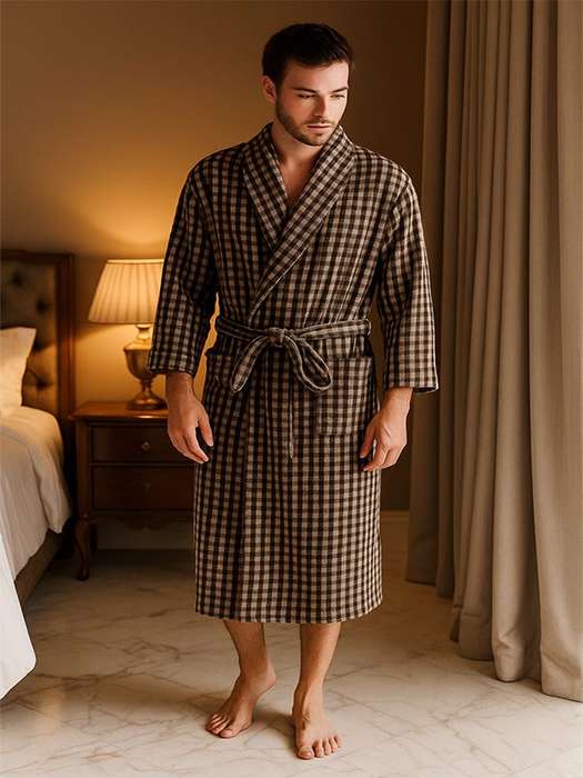 Bunty's Bathrobe - Terry - Shawl Collar - Checkered Brown