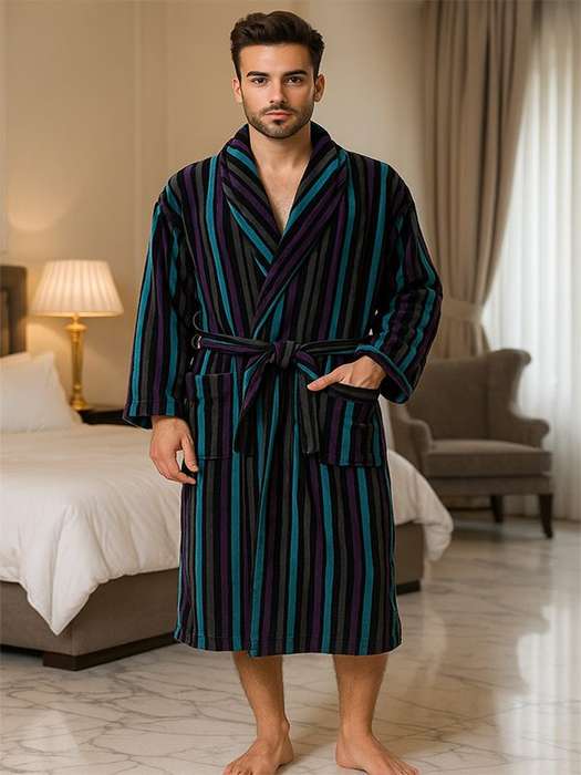 Bunty's Bathrobe - Velour - Shawl Collar - Stripes Black MultiColor