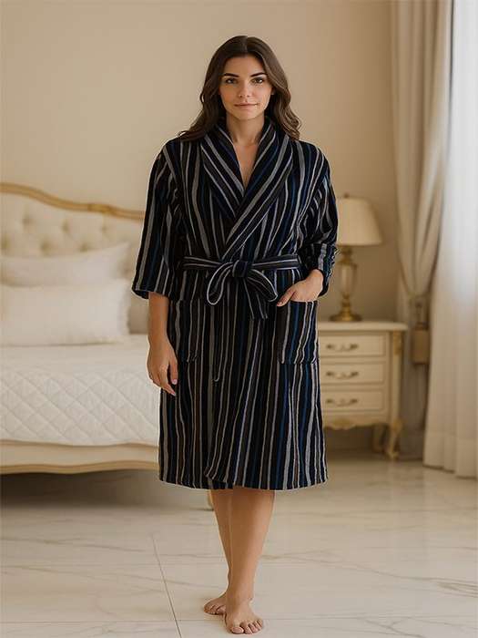 Bunty's Bathrobe - Velour - Shawl Collar - Stripes Black Blue
