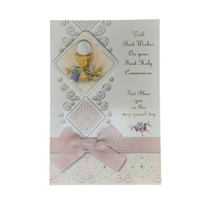 Girl's  First Holy Communion Card With Pink Bow