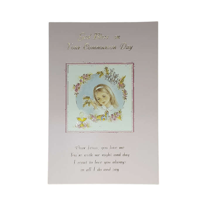 Pretty Pink Girl's First Holy Communion Card