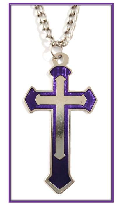 11.5cm Silver Cross with Purple Enamel inlay - 1 Meter chain