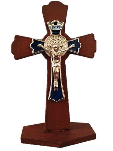 11cm Wooden Standing Crucifix / St Benedict with Blue Inlay