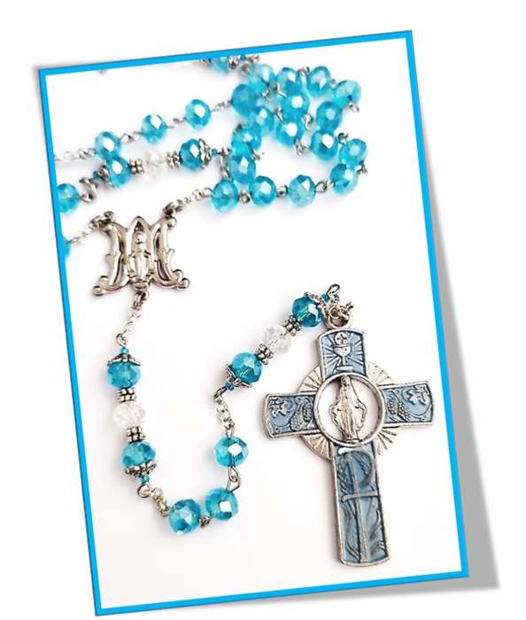 Our Lady of Grace Blue Crystal Glass Rosary with enamel inlay cross