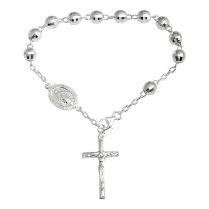 925 Sterling Silver Diamond Cut Rosary Bracelet with Miraculous Medal Center