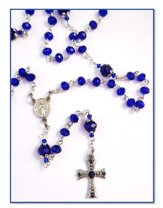 Royal Blue Mini Austrian Glass Rosary with Diamante' Cross - Limited Edition