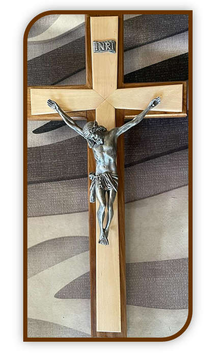 100cm Beech Solid Wood Crucifix with Kiaat Edging - Silver Corpus