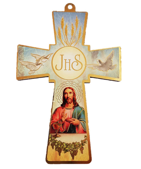 13.5cm Wooden Symbolic Communion Cross with Gold Highlights