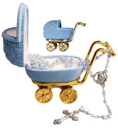 Faux Blue Pearl 4mm Rosary in a Blue Pram