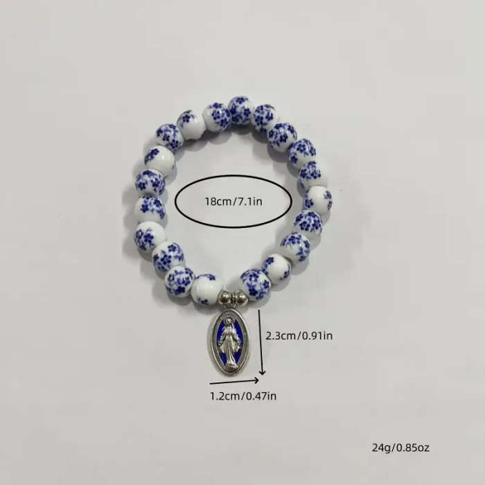 Porcelain Bracelet with delicate blue flowers and Miraculous Medal with blue inlay