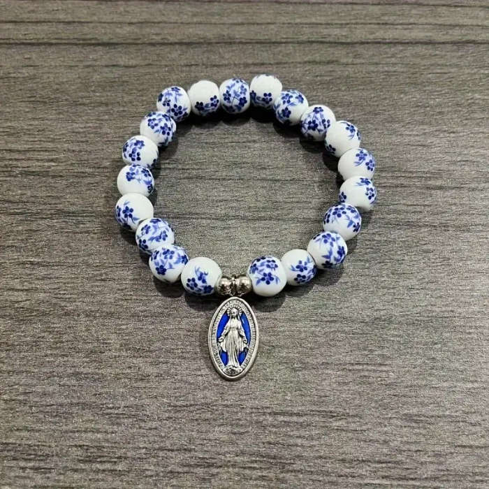 Porcelain Bracelet with delicate blue flowers and Miraculous Medal with blue inlay