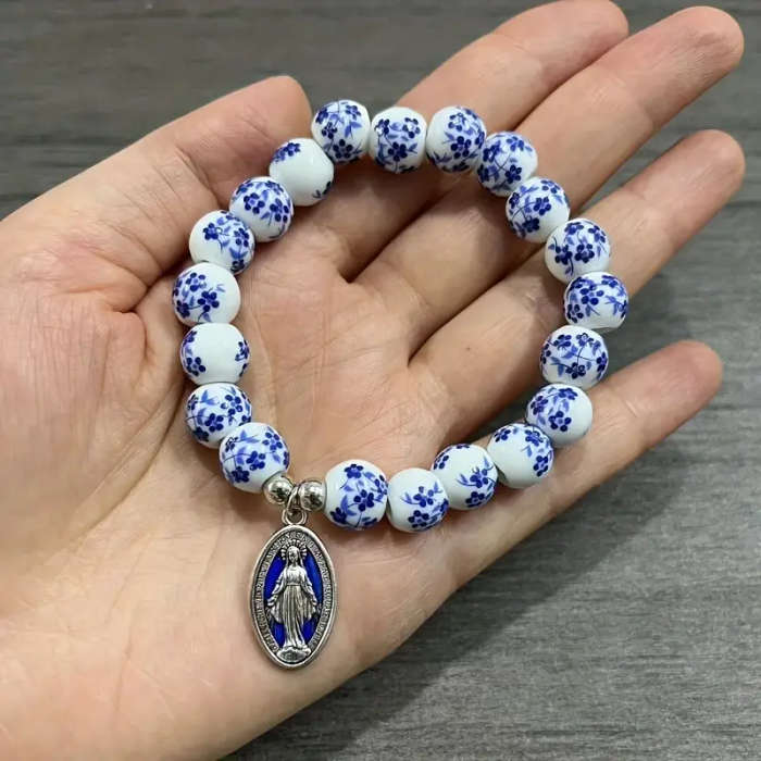 Porcelain Bracelet with delicate blue flowers and Miraculous Medal with blue inlay
