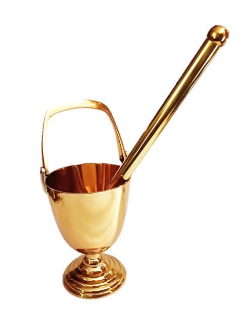 Brass Holy Water Sprinkler and Holy Water Vessel - Set