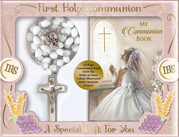 White Oval Rosary (Italian) with Order of Mass Booklet  - Gift Set - Girl