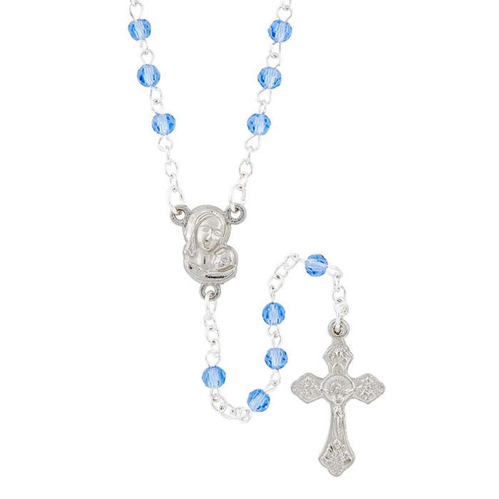 4mm Faceted Blue Glass Rosary in Velvet Heart box