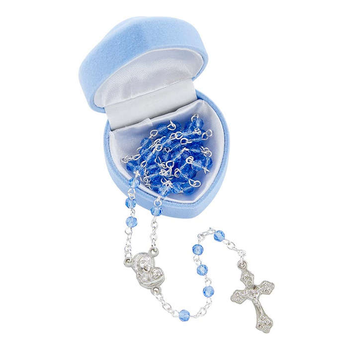 4mm Faceted Blue Glass Rosary in Velvet Heart box