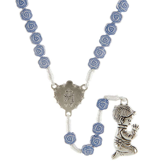 Knotted Rose Rosary in Blue with Miraculous Centre and Praying Boy