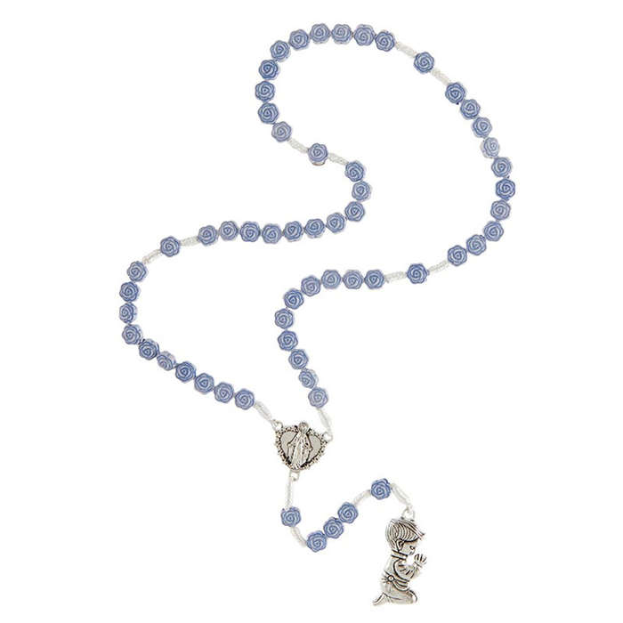 Knotted Rose Rosary in Blue with Miraculous Centre and Praying Boy