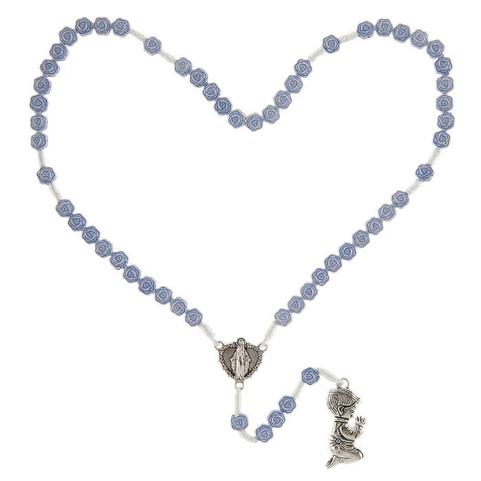 Knotted Rose Rosary in Blue with Miraculous Centre and Praying Boy