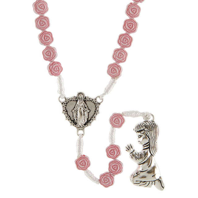 Knotted Rose Rosary in Pink with Miraculous Centre and Praying Girl