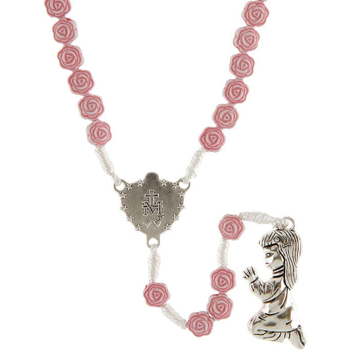 Knotted Rose Rosary in Pink with Miraculous Centre and Praying Girl