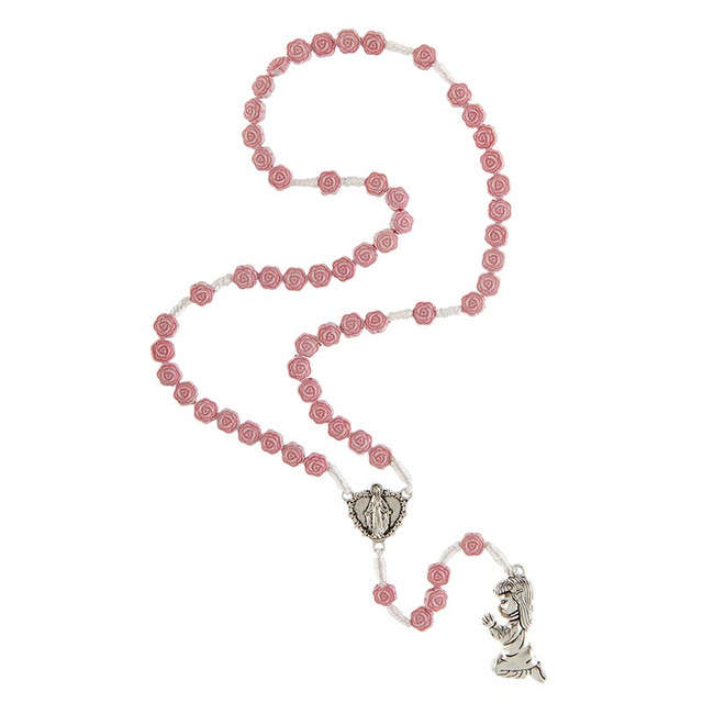 Knotted Rose Rosary in Pink with Miraculous Centre and Praying Girl