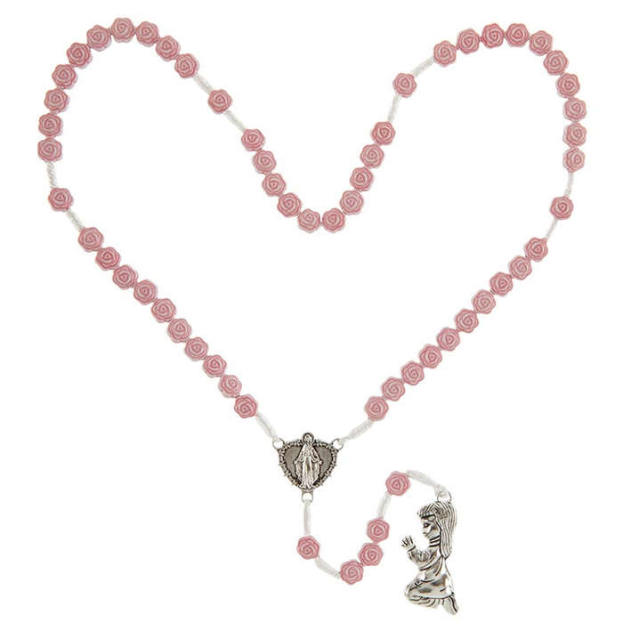 Knotted Rose Rosary in Pink with Miraculous Centre and Praying Girl