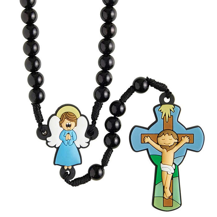 Knotted Rosary with Rubber Crucifix and Centre Piece - Black