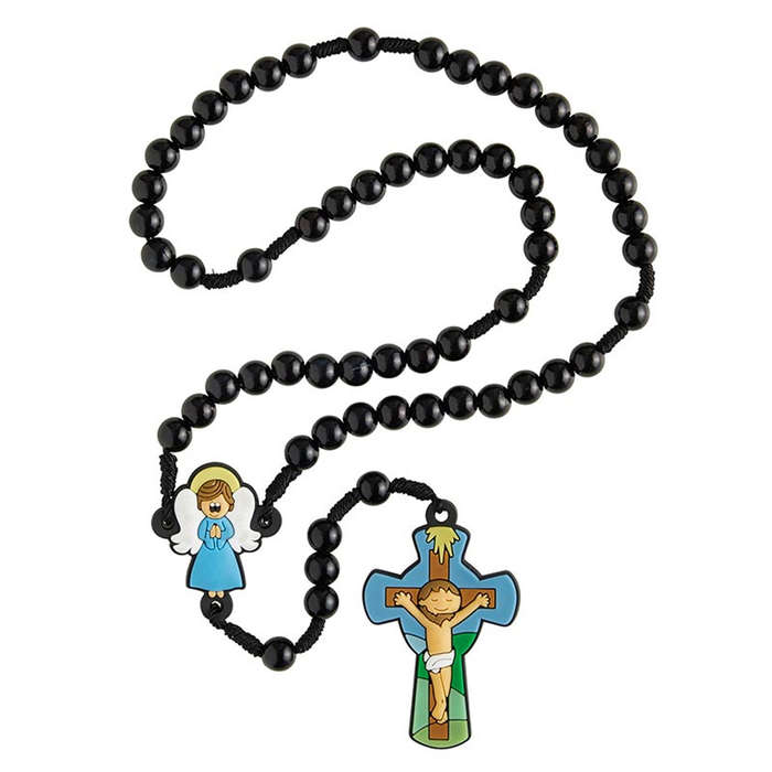 Knotted Rosary with Rubber Crucifix and Centre Piece - Black