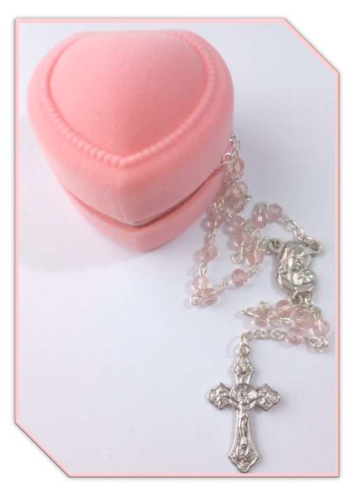 4mm Faceted Pink Glass Rosary in Velvet Heart box