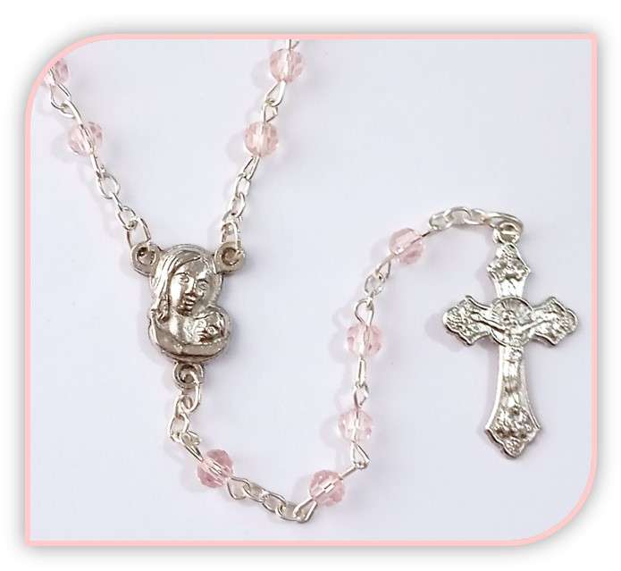4mm Faceted Pink Glass Rosary in Velvet Heart box