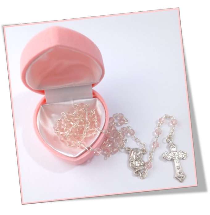 4mm Faceted Pink Glass Rosary in Velvet Heart box